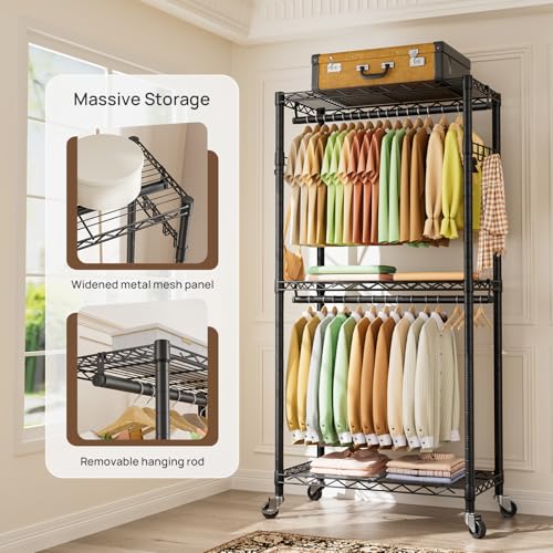 Heavy Duty Rolling Clothes Rack Wheels Portable Metal Garment Rack