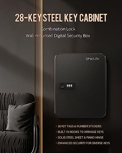 28 Key Steel Key Cabinet with Combination Lock Wall Mounted Key Organizer with Resettable Code Black Digital Security Box with Hooks and Large Key Tag Labels Identifiers in 5 Assorted Colors