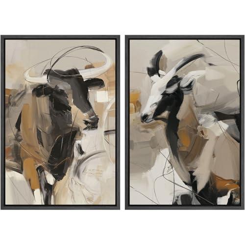 Framed Canvas Print Wall Art Modern Abstract Longhorn Cow Neutral Black Beige Western Cattle Illustrations Modern Art Decorative for Living Room