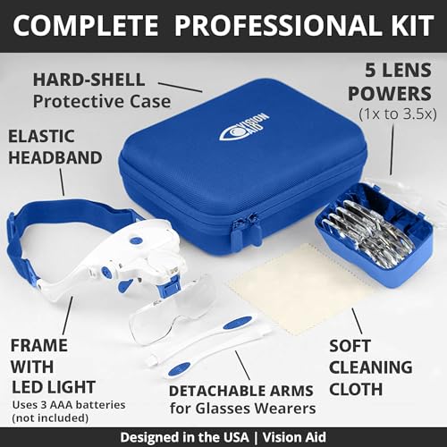 Magnifying Glasses with LED Light Headband Case Hands Free Lighted Head Magnifier for Hobby Crafts Ccross Stitch Macular Degeneration Painting Close Work