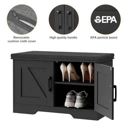 Farmhouse Shoe Storage Bench with Barn Doors & Padded Seat Cushion