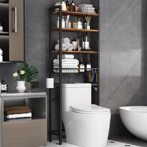 Over-The-Toilet Storage Rack, 4-Tier Bathroom Organizer Shelf Over Toilet with Adjustable Shelf and Basket, Freestanding Space Saver Bathroom Shelves Above Toilet for Room