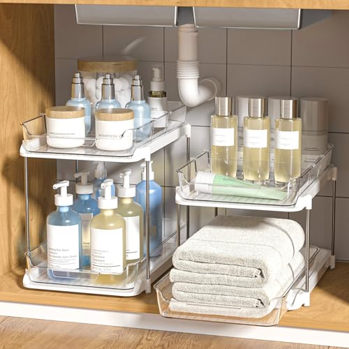 2-Tier Multi-Purpose Bathroom Under Sink Organizers and Storage, Stackable Kitchen Pantry Organization, Pull Out Medicine Cabinet Organizer with Movable Dividers
