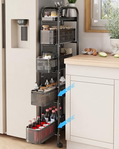 Slim Storage Cart 4 Tier with Pull Out Basket Bathroom Organizer Rolling cart