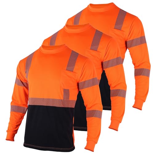 3pcs Safety T Shirts Reflective High Visibility Hi Vis Long Sleeve Construction Work Shirts for Men Class 3