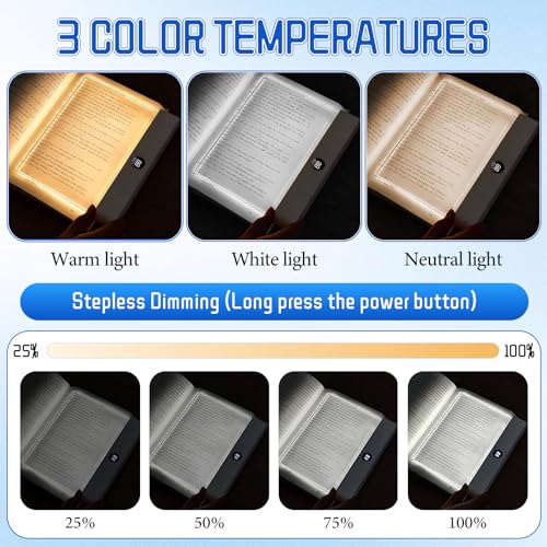 Book Light Rechargeable Clear LED Flat Reading Light with 3 Colors & Timer