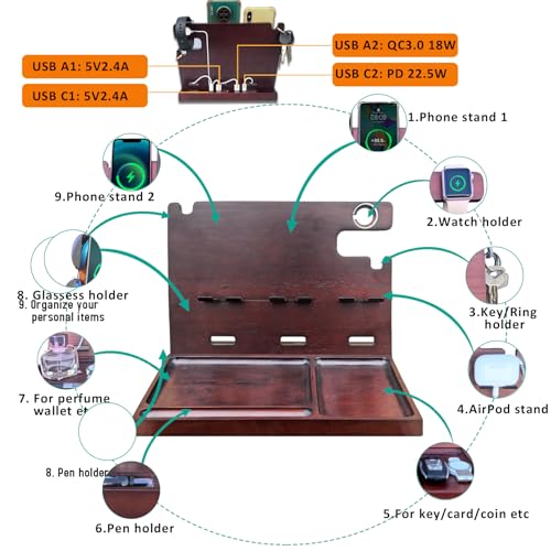 USB Charging Station for Multiple Devices Wood Phone Docking Station with QC3.0 & PD 22.5W Type c Charger Fast Charging for iPhone Samsung Google Andriod Smart Watch Earbuds Gifts for Men