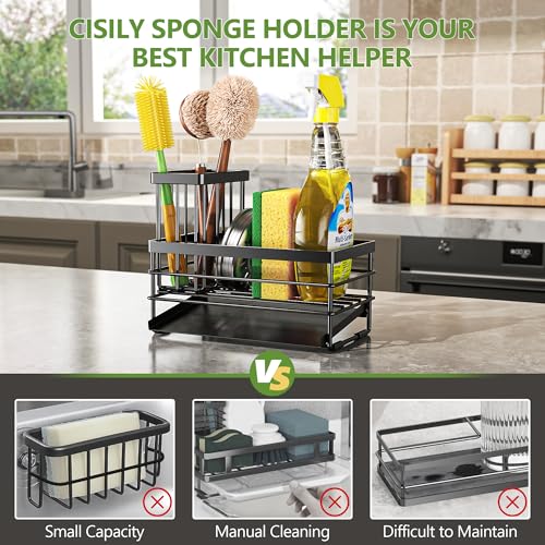 Sink Caddy Sponge Holder for Kitchen with Brush Holder and Stainless Steel Self Drain Tray
