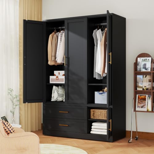 Metal Wardrobe Storage Cabinet with Hanging Rod for Bedroom