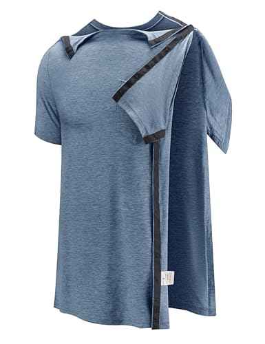 Men's Post Shoulder Surgery Recovery Shirts Full Tear Away Short Sleeve Snap Chemo Port Access Shirt