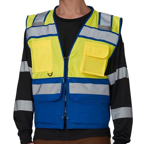 High Vis Reflective Safety Vest for Men Women Zipper Ipad Pockets Mesh Construction Apparel Neon Vest for Work