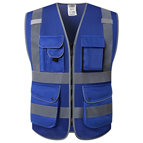 9 Pockets Class 2 High Visibility Zipper Front Safety Vest With Reflective Strips Meets ANSI