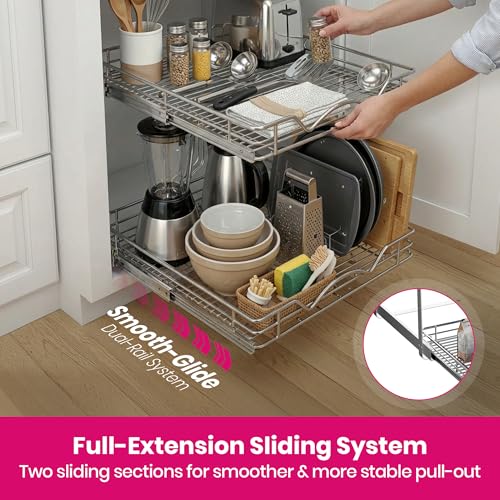 2-Tier Pull-Out Cabinet Organizer with Heavy-Duty Steel Frame, Full-Extension Sliding Shelves, Holds 100 lbs, Easy Install for Kitchen, Pantry & Under Sink Cabinets