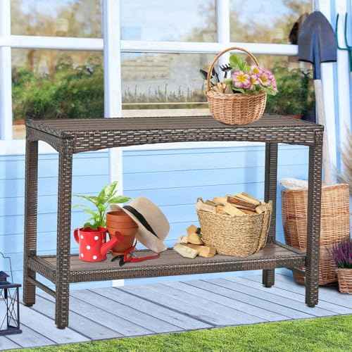 Outdoor Console Table Patio Buffet Bar Storage Organizer 45" Long Wicker Sofa Serving Sideboard Table 2