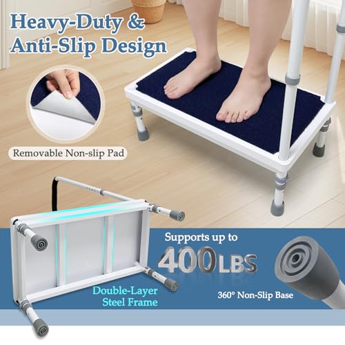 Bed Steps for High Beds for Adults Step Stool with Handle for Elderly Bedside Cane Handicap Safety Assist Wide Platform Medical Adjustable Stepping Stool for Bathtub