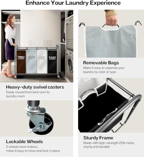 Laundry Hamper Sorter Cart with 4 Sections