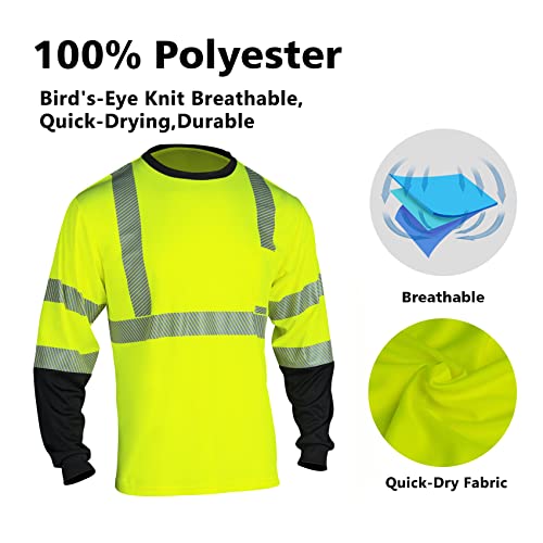 Safety Reflective Hi Vis Long Sleeve Shirts for Men ANSI Class 3 High Visibility Construction Work T Shirts
