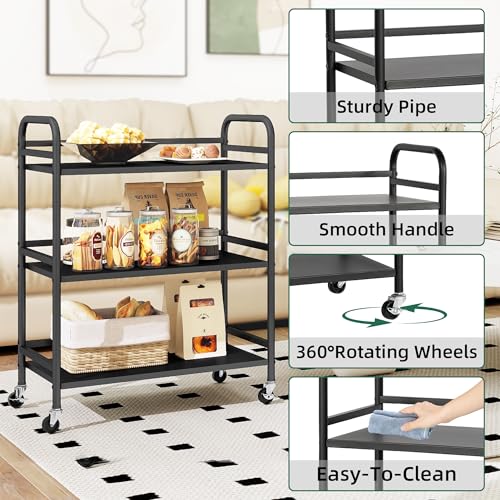 3 Tier Rolling Cart with Lockable Wheels Sturdy Construction