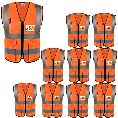 High Visibility Reflective Safety Vest with Multi Pockets 10 Pack Bulk