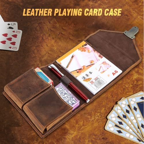 Leather Playing Card Organizer Portable Double Deck Playing Card Case Multifunctional Gaming Accessory with Pen Holder and A6 Notepad Pocket