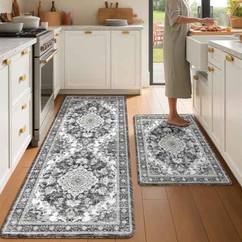 Boho Kitchen Mats for Floor 2 Piece Set Anti Fatigue Cushioned PVC Kitchen Rugs Non Slip Waterproof Farmhouse Mats 2