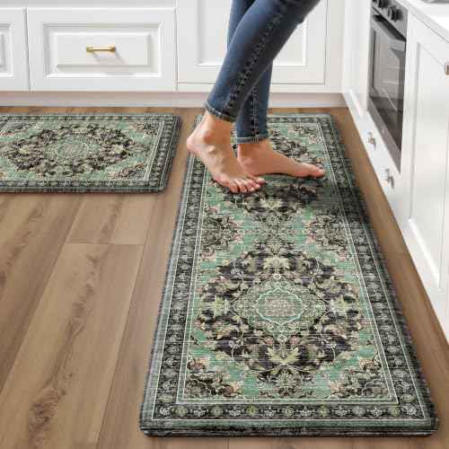 Boho Kitchen Mats for Floor 2 Piece Set Anti Fatigue Cushioned PVC Kitchen Rugs Non Slip Waterproof Farmhouse Mats 2