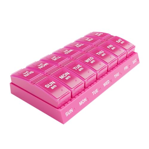 Weekly (7-Day) AM/PM Pill Organizer, Vitamin and Medicine Box, Large Pop-Out Compartments, 2 Times a Day