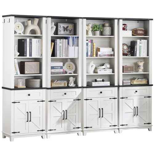 72in Tall Bookshelf 7 Tier Bookcase with Drawer and Barn Doors and Adjustable Shelves