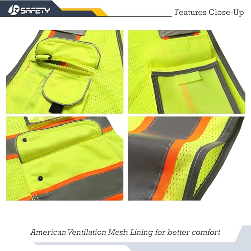 9 Pockets Class 2 High Visibility Zipper Front Safety Vest With Reflective Strips Meets ANSI
