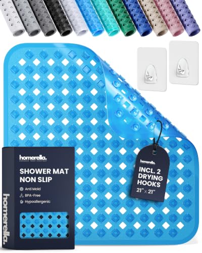 Shower Stall Mat Non Slip 21x21 Square Shower and Standing Bathtub Mat for Baby INCL. 2 Hooks for Storage Anti Slip Shower Mats with Suction Cups Soft on Feet Machine Washable Homerella