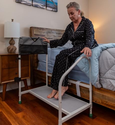 Bed Rails For Elderly with Adjustable Height Bed Step Stool & LED Light for Fall Prevention
