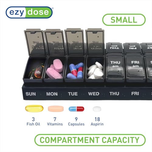 Weekly (7-Day) AM/PM Pill Organizer, Vitamin and Medicine Box, Large Pop-Out Compartments, 2 Times a Day