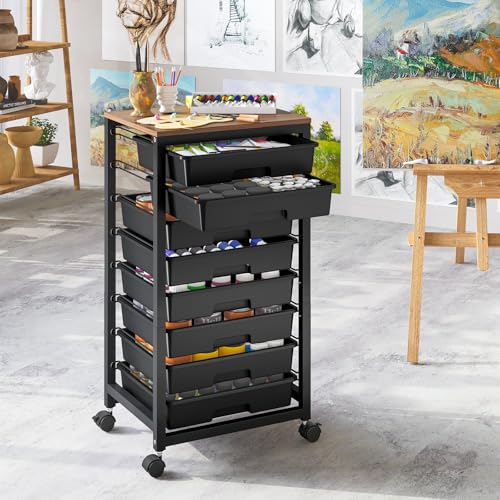 Rolling Cart with 8 Drawers and Wooden Tabletop