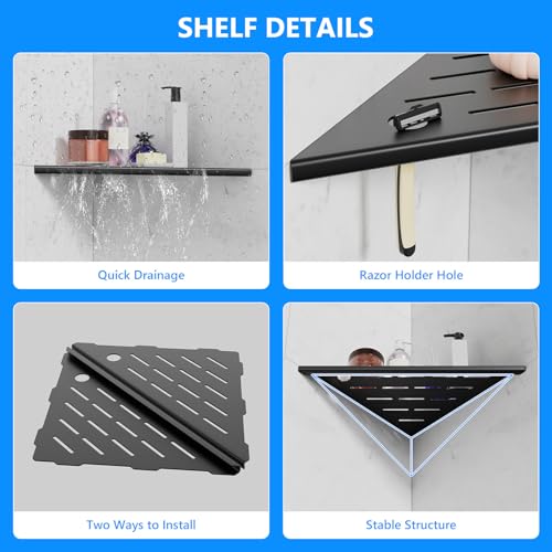 Corner Shower Shelf 10" Matte Black Stainless Steel Slot Design Recessed Corner Shelves