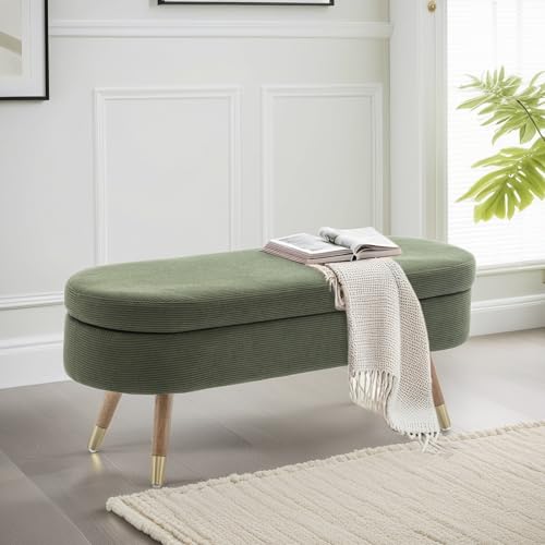 Oval Storage Bench 43.5" Linen Fabric Upholstered Entryway Bench with Solid Wood Legs Ottoman Bench Indoor Bench for Living Room