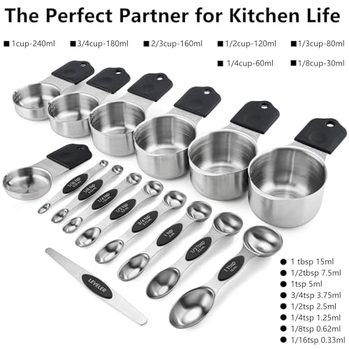 Magnetic Measuring Cups and Spoons Set Including 7 Stainless Steel Measuring Cups 8 Double Sided Magnetic Measuring Spoons Set with 1 Leveler Kitchen Measuring Tools for Cooking Baking