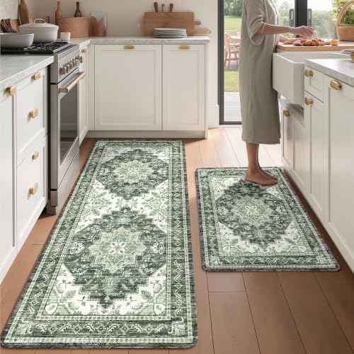Boho Kitchen Mats for Floor 2 Piece Set Anti Fatigue Cushioned PVC Kitchen Rugs Non Slip Waterproof Farmhouse Mats 2