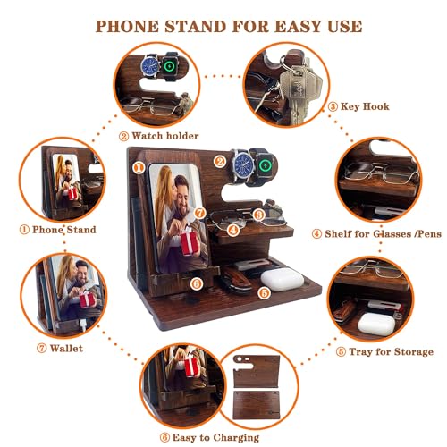 Birthday Gifts for Men Gift for Dad from Daughter Son Nightstand Organizer for Men Wood Phone Docking Station
