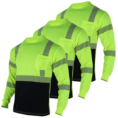 3pcs Safety T Shirts Reflective High Visibility Hi Vis Long Sleeve Construction Work Shirts for Men Class 3
