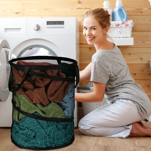 Deluxe Extra Large Strong Pop up Laundry Hamper Basket with Side Long Straps Drawstring Barrel Foldable Hamper for Laundry Room