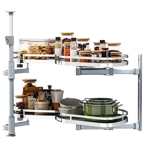 28-Inch 2-Tier Lazy Susan Turnable for Cabinet, Rotating 2-Shelf Lazy Susan Corner Organizer with Adjustable Height for Kitchen Pantry, Chrome-Plated Double Spinning Corner Organizer, Silver