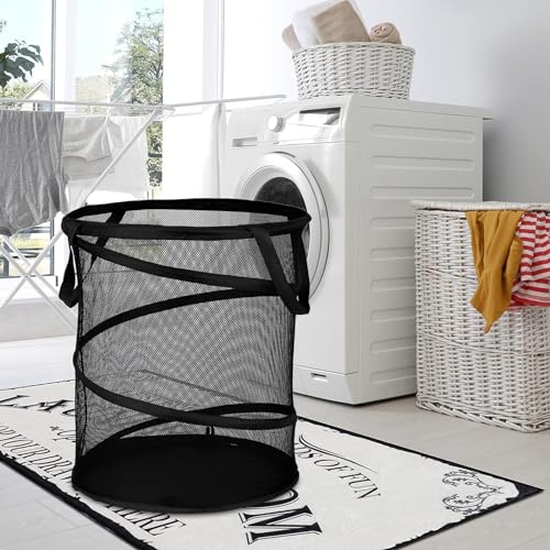 Deluxe Extra Large Strong Pop up Laundry Hamper Basket with Side Long Straps Drawstring Barrel Foldable Hamper for Laundry Room