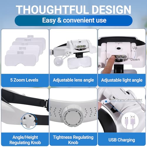 Headband Magnifying Glasses with LED Lights and Interchangeable Lenses