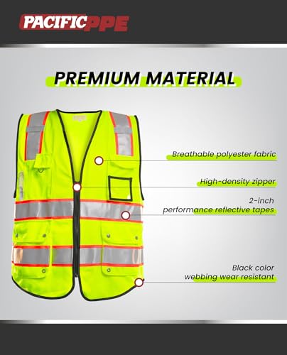 10 Pockets High Visibility Zipper Front Safety Vest with Reflective Strips