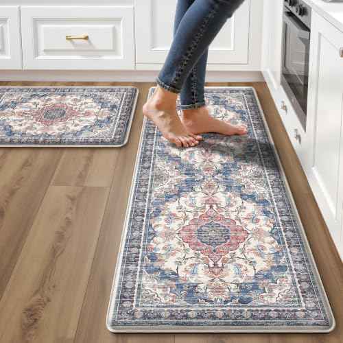 Boho Kitchen Mats for Floor 2 Piece Set Anti Fatigue Cushioned PVC Kitchen Rugs Non Slip Waterproof Farmhouse Mats 2