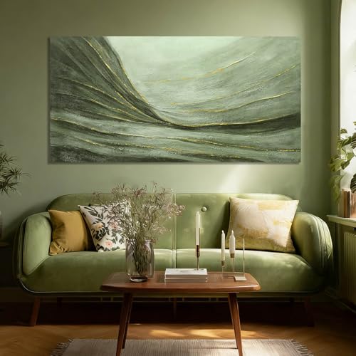 Green Abstract Canvas Wall Art with Gold Ginkgo Leaves and White Black Plum Blossom Accents Modern Nature Painting for Living Room Bedroom Office Contemporary Home Wall Decor