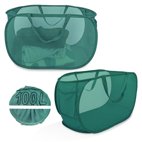 100L Extra Large Mesh Pop Up Laundry Hamper with Lid and Handles