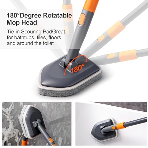 Tub Tile Scrubber Brush with 2 Different Function Cleaning Pads and 52" Extendable Long Handle