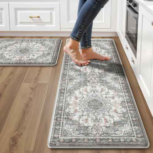 Boho Kitchen Mats for Floor 2 Piece Set Anti Fatigue Cushioned PVC Kitchen Rugs Non Slip Waterproof Farmhouse Mats 2