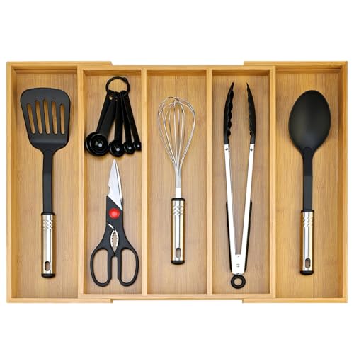Bamboo Utensil Drawer Organizer Cutlery Tray Kitchen Tools Drawer Holder Expandable Silverware Organizer Tray for Saptula Spoon Large Cooking Utensils Organizer Adjustable Wooden Flatware Organizer